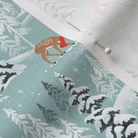 Small Scale / Winter Woodland Fawn / Mint Linen Textured Background