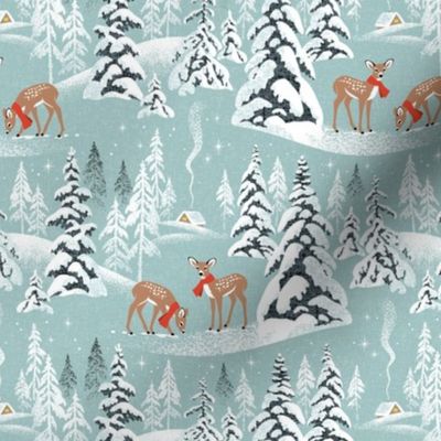 Small Scale / Winter Woodland Fawn / Mint Linen Textured Background