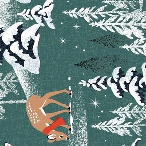 Large Scale / Rotated / Winter Woodland Fawn / Dark Green Linen Textured Background