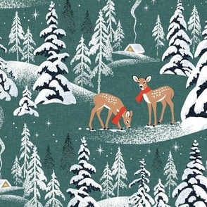 
Medium Scale / Winter Woodland Fawn / Dark Green Linen Textured Background