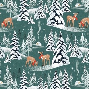 Small Scale / Winter Woodland Fawn / Dark Green Linen Textured Background