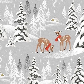 Medium Scale / Winter Woodland Fawn / Silver Linen Textured Background