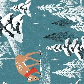 Large Scale / Rotated / Winter Woodland Fawn / Teal Linen Textured Background