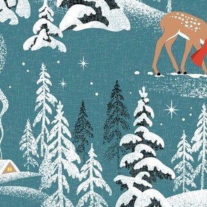 Large Scale / Winter Woodland Fawn / Teal Linen Textured Background