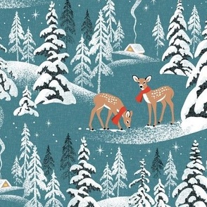 Medium Scale / Winter Woodland Fawn / Teal Linen Textured Background