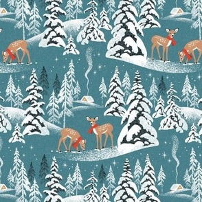Small Scale / Winter Woodland Fawn / Teal Linen Textured Background