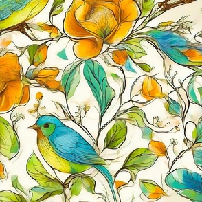 Blue and yellow birds and orange flowers