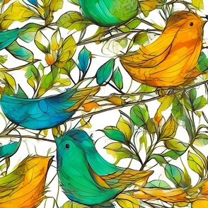 Blue green orange birds on branches
