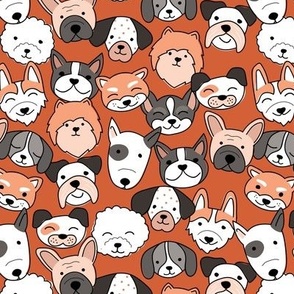 Little dog family & friends - Puppies and different types of dog breeds doodles kids pets brown on orange  rust 