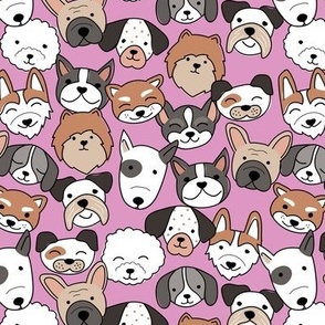 Little dog family & friends - Puppies and different types of dog breeds doodles kids pets brown on fuchsia pink 