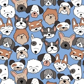 Little dog family & friends - Puppies and different types of dog breeds doodles kids pets brown on moody blue 