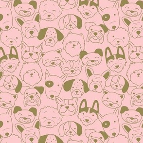 Cute doggies - dog faces in doodle style for kids minimalist funky dogs design olive green on pink blush 
