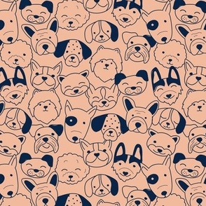 Cute doggies - dog faces in doodle style for kids minimalist funky dogs design navy blue on blush orange 