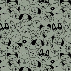 Cute doggies - dog faces in doodle style for kids minimalist funky dogs design black on khaki olive green