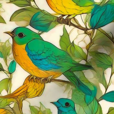Green and orange birds on tree branches
