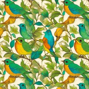 Green and orange birds on tree branches