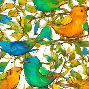 orange blue green cute birds on branches