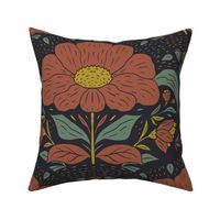 Block Print Botanical Floral in Marsala Brick Red, Golden Yellow, Emerald Green and  Charcoal Black x Large Scale 