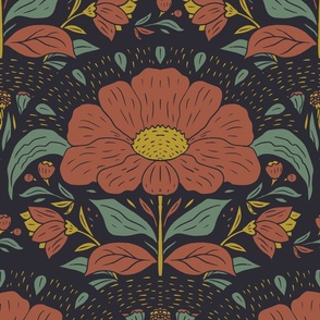 Block Print Botanical Floral in Marsala Brick Red, Golden Yellow, Emerald Green and  Charcoal Black x Large Scale 