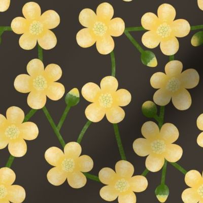 Yellow connected flowers on earth black background / Paper cut style 