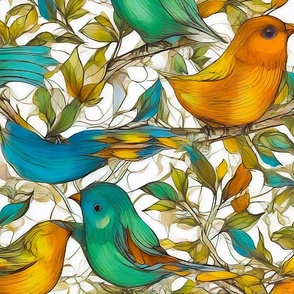 Cute colored birds on tree branches