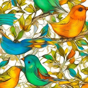 Multicolor birds on branches