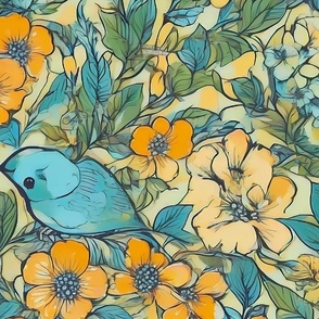 Blue birds among flowers