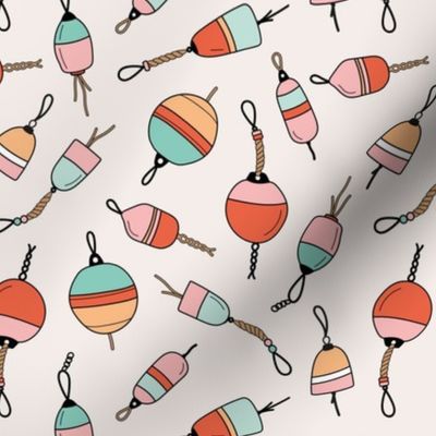Out on the boat - fishing boat buoys freehand tossed retro marine design coral orange pink mint green on ivory