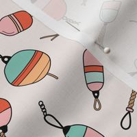 Out on the boat - fishing boat buoys freehand tossed retro marine design coral orange pink mint green on ivory