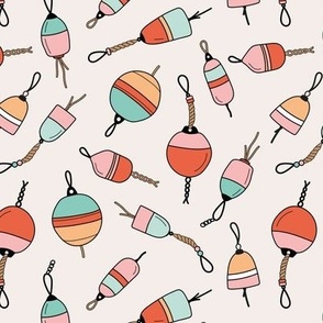 Out on the boat - fishing boat buoys freehand tossed retro marine design coral orange pink mint green on ivory