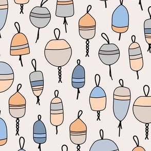 Summer river - day on the lake fishing buoys in rows vintage blue orange blush on sand