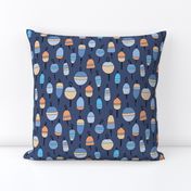 Summer river - day on the lake fishing buoys in rows vintage blue orange blush on marine blue