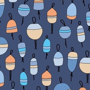 Summer river - day on the lake fishing buoys in rows vintage blue orange blush on marine blue