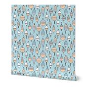 Summer river - day on the lake fishing buoys in rows vintage blue orange blush on blue