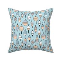 Summer river - day on the lake fishing buoys in rows vintage blue orange blush on blue