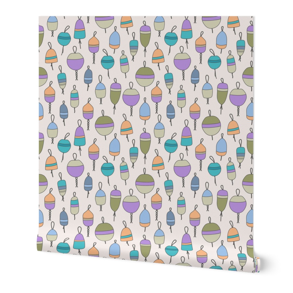 Summer river - day on the lake fishing buoys in rows vintage girls palette lilac olive aqua