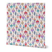 Summer river - day on the lake fishing buoys in rows colorful girls palette lilac red pink