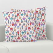 Summer river - day on the lake fishing buoys in rows colorful girls palette lilac red pink