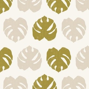 Block Print Tropical Monstera Leaves in Beige Yellow Gold + Off White