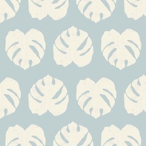 Block Print Tropical Monstera Leaves in Off White and Light Baby Blue