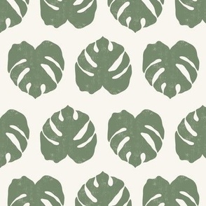 Block Print Tropical Monstera Leaves in Sage Green and Off White