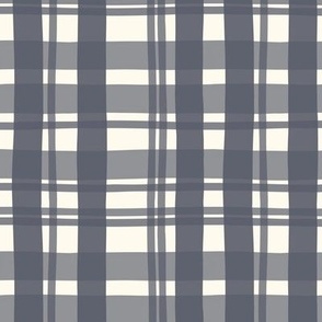 Neutral Hand Drawn Preppy Plaid with Imperfect Lines in Navy Blue + Off White
