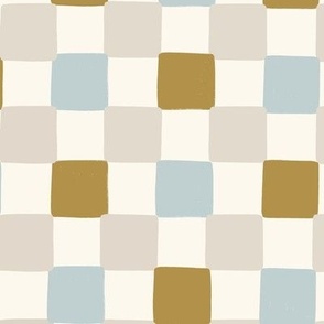 Hand Drawn Imperfect Geometric Checkers in Light Baby Blue + Gold