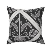 Diamond-Shaped pattern with flowers and buds in shades of grey - large scale