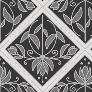 Diamond-Shaped pattern with flowers and buds in shades of grey - large scale