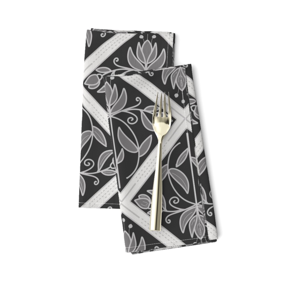Diamond-Shaped pattern with flowers and buds in shades of grey - medium scale