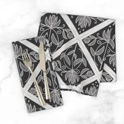 Diamond-Shaped pattern with flowers and buds in shades of grey - medium scale