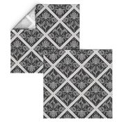 Diamond-Shaped pattern with flowers and buds in shades of grey - medium scale