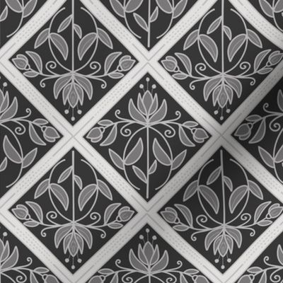 Diamond-Shaped pattern with flowers and buds in shades of grey - small scale
