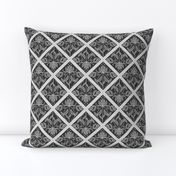 Diamond-Shaped pattern with flowers and buds in shades of grey - small scale